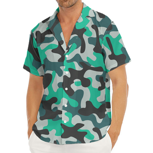 Teal And Black Camouflage Print Men's Deep V-Neck Shirt
