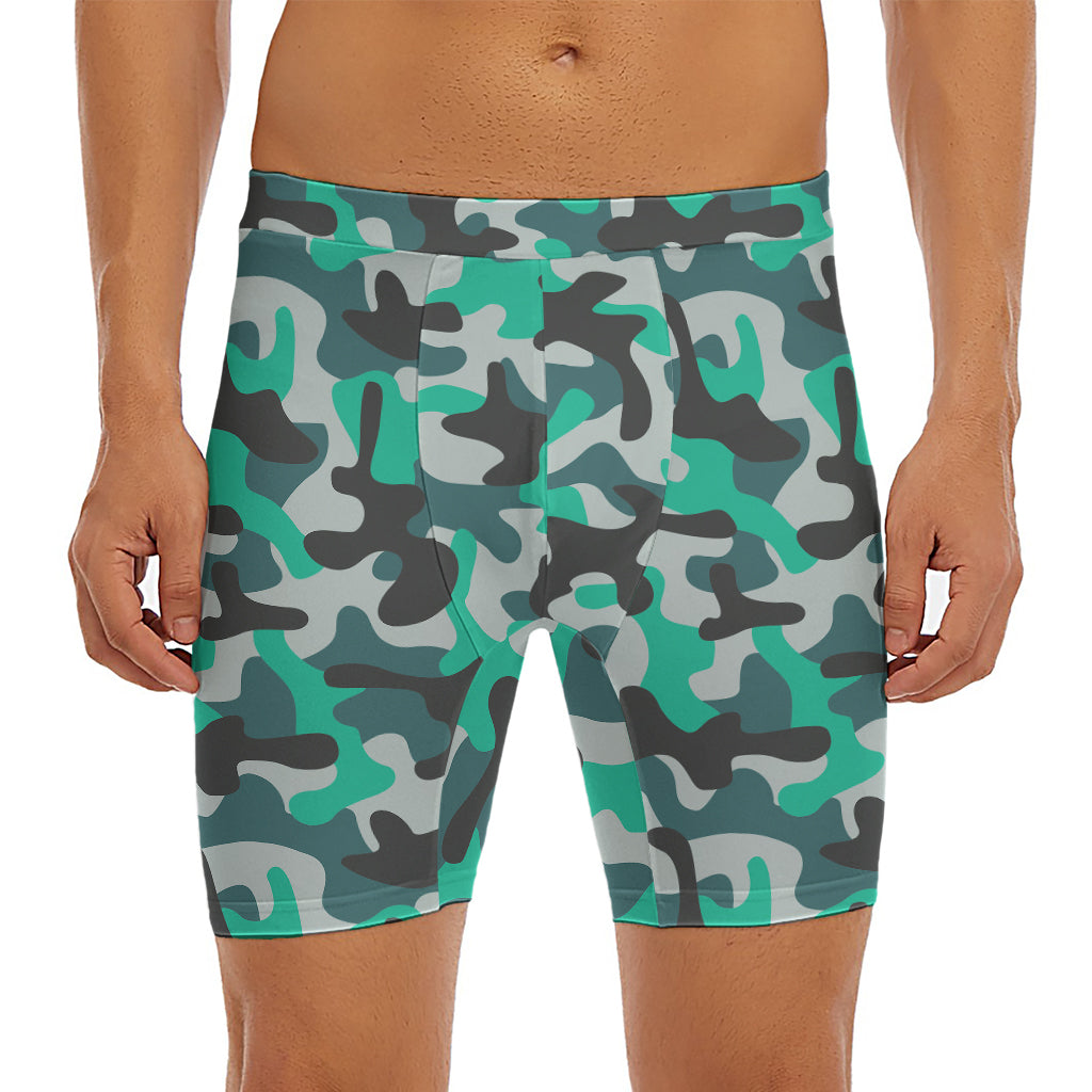 Teal And Black Camouflage Print Men's Long Boxer Briefs