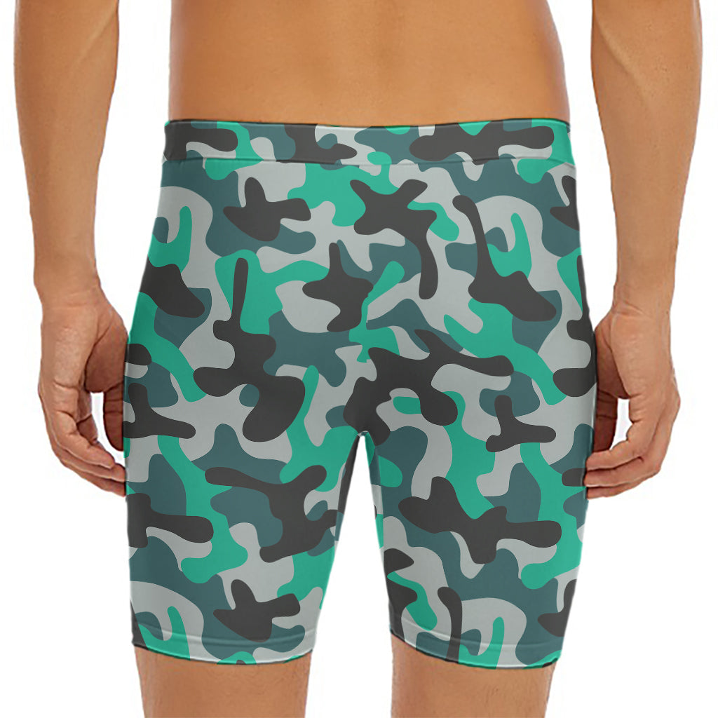 Teal And Black Camouflage Print Men's Long Boxer Briefs