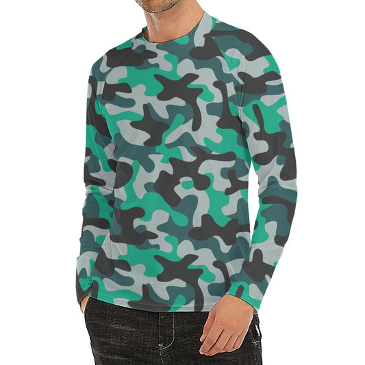 Teal And Black Camouflage Print Men's Long Sleeve Rash Guard