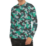 Teal And Black Camouflage Print Men's Long Sleeve Rash Guard