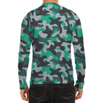 Teal And Black Camouflage Print Men's Long Sleeve Rash Guard