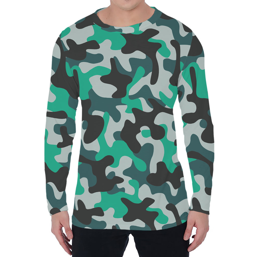 Teal And Black Camouflage Print Men's Long Sleeve T-Shirt