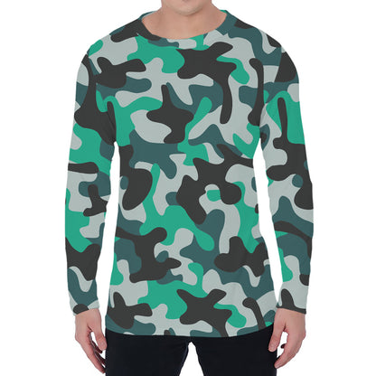 Teal And Black Camouflage Print Men's Long Sleeve T-Shirt