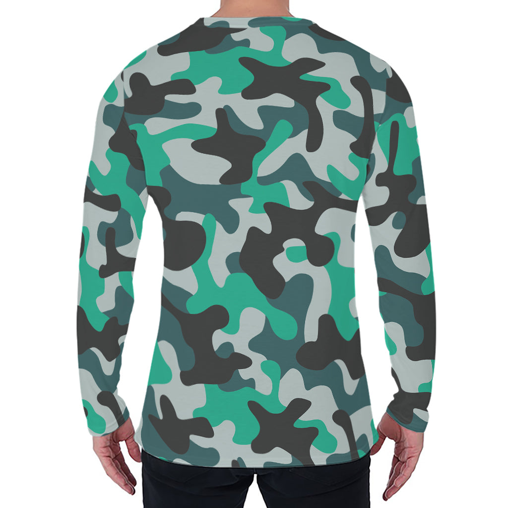 Teal And Black Camouflage Print Men's Long Sleeve T-Shirt