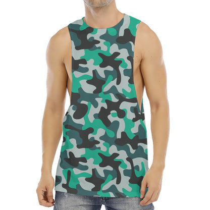 Teal And Black Camouflage Print Men's Muscle Tank Top