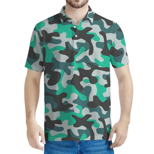 Teal And Black Camouflage Print Men's Polo Shirt