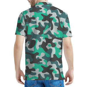 Teal And Black Camouflage Print Men's Polo Shirt
