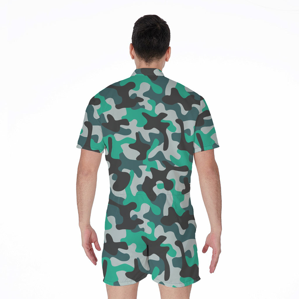 Teal And Black Camouflage Print Men's Rompers