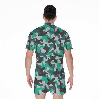 Teal And Black Camouflage Print Men's Rompers