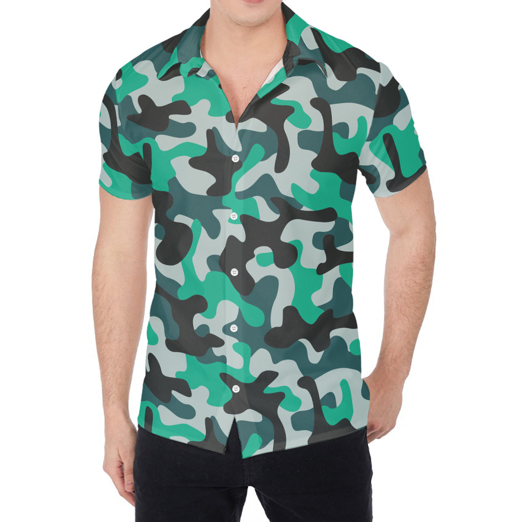 Teal And Black Camouflage Print Men's Shirt