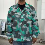 Teal And Black Camouflage Print Men's Shirt Jacket