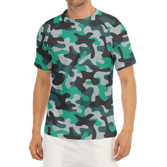 Teal And Black Camouflage Print Men's Short Sleeve Rash Guard