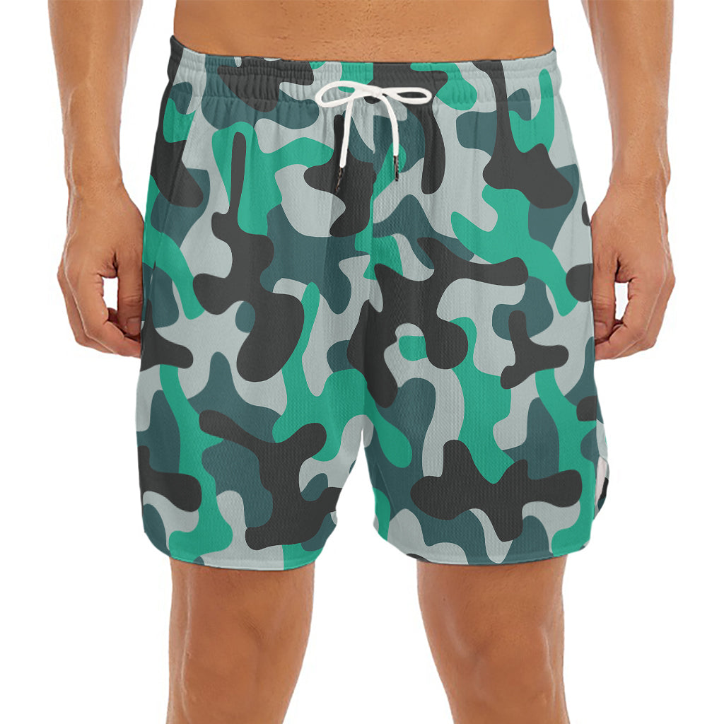 Teal And Black Camouflage Print Men's Split Running Shorts