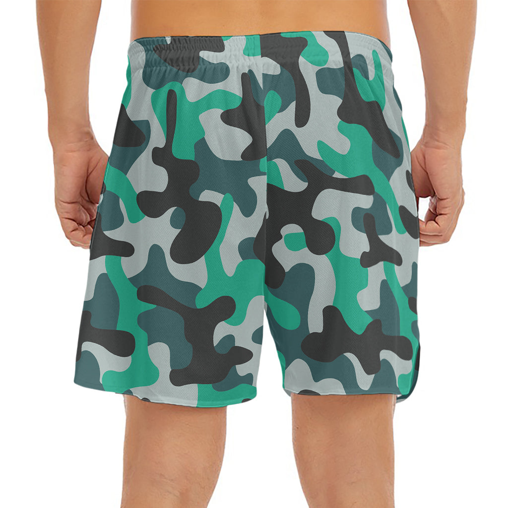 Teal And Black Camouflage Print Men's Split Running Shorts