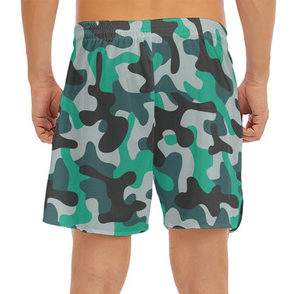 Teal And Black Camouflage Print Men's Split Running Shorts