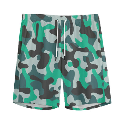Teal And Black Camouflage Print Men's Sports Shorts