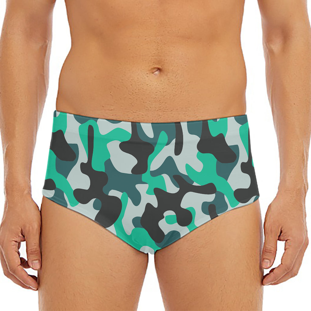 Teal And Black Camouflage Print Men's Triangle Swim Briefs