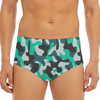 Teal And Black Camouflage Print Men's Triangle Swim Briefs