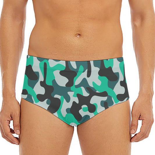 Teal And Black Camouflage Print Men's Triangle Swim Briefs