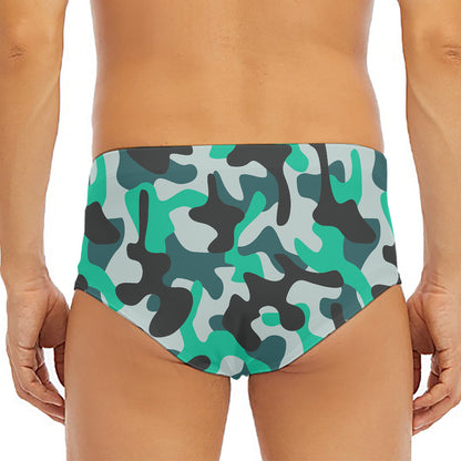 Teal And Black Camouflage Print Men's Triangle Swim Briefs