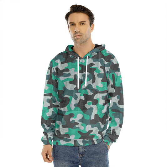 Teal And Black Camouflage Print Men's Velvet Pullover Hoodie