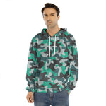 Teal And Black Camouflage Print Men's Velvet Pullover Hoodie