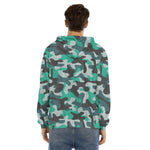 Teal And Black Camouflage Print Men's Velvet Pullover Hoodie