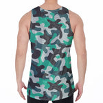 Teal And Black Camouflage Print Men's Velvet Tank Top