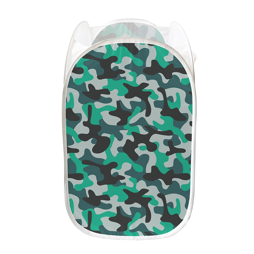 Teal And Black Camouflage Print Mesh Laundry Hamper