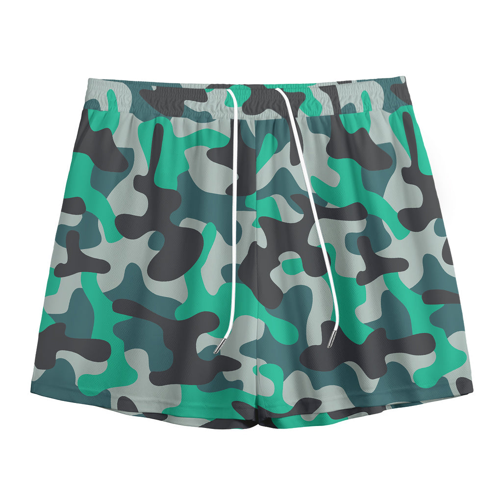 Teal And Black Camouflage Print Mesh Shorts