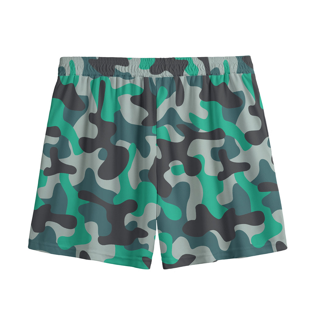 Teal And Black Camouflage Print Mesh Shorts