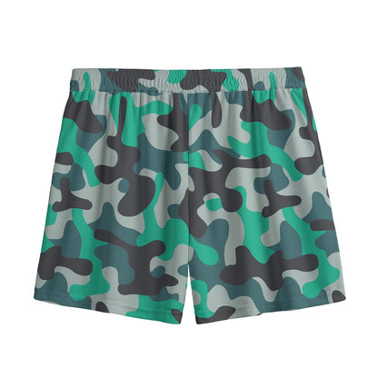 Teal And Black Camouflage Print Mesh Shorts
