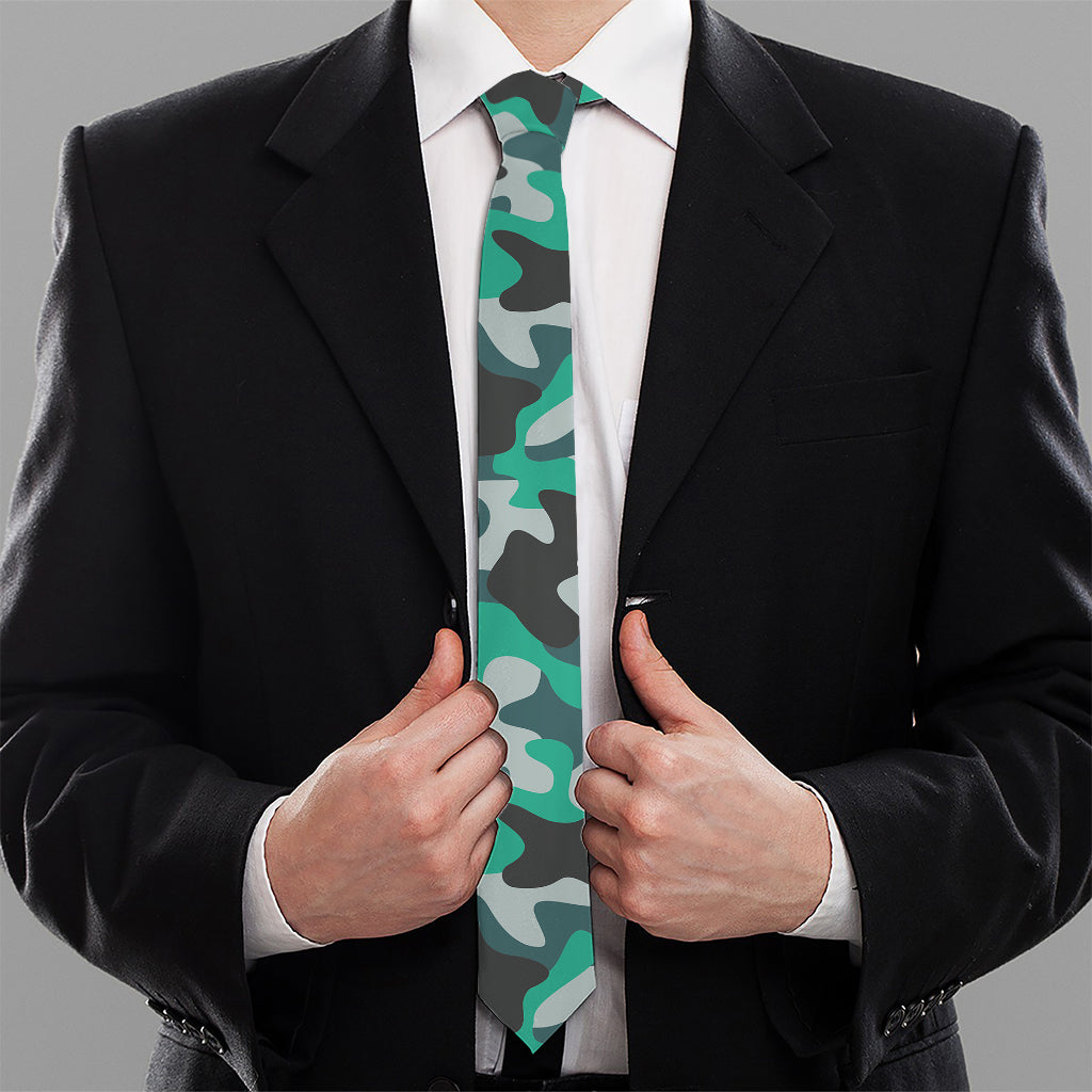 Teal And Black Camouflage Print Necktie