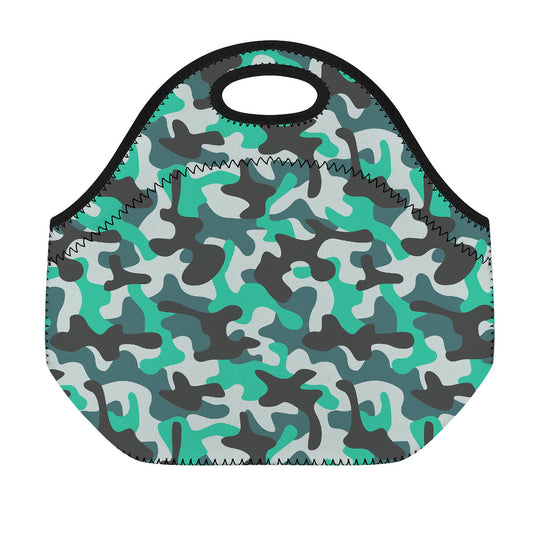 Teal And Black Camouflage Print Neoprene Lunch Bag