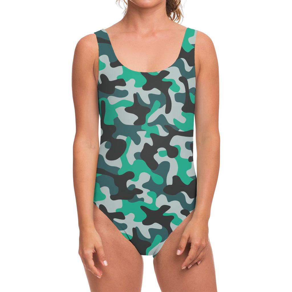 Teal And Black Camouflage Print One Piece Swimsuit