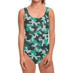 Teal And Black Camouflage Print One Piece Swimsuit