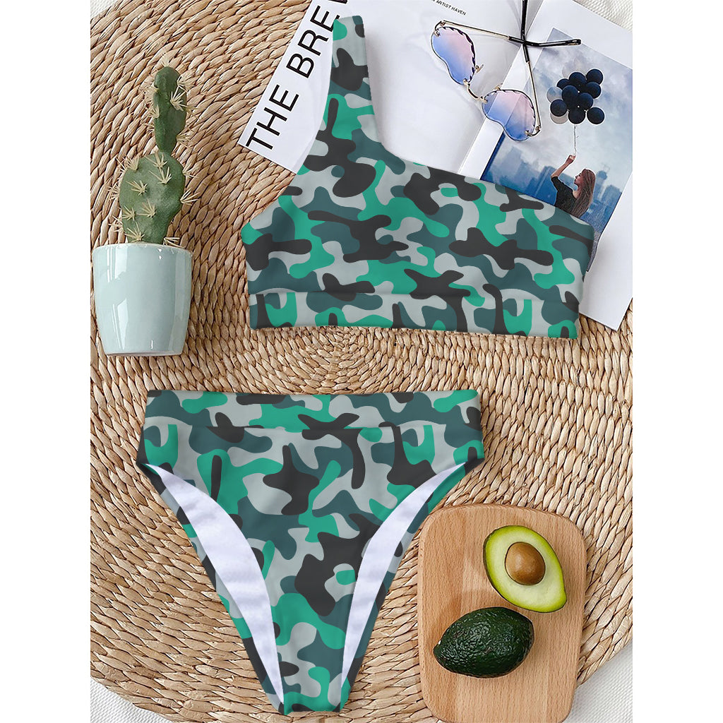 Teal And Black Camouflage Print One Shoulder Bikini Top