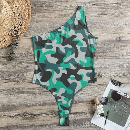Teal And Black Camouflage Print One Shoulder Bodysuit
