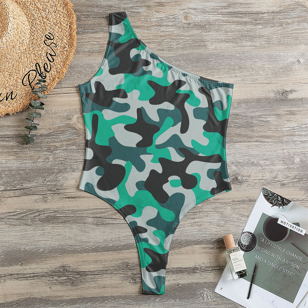 Teal And Black Camouflage Print One Shoulder Bodysuit