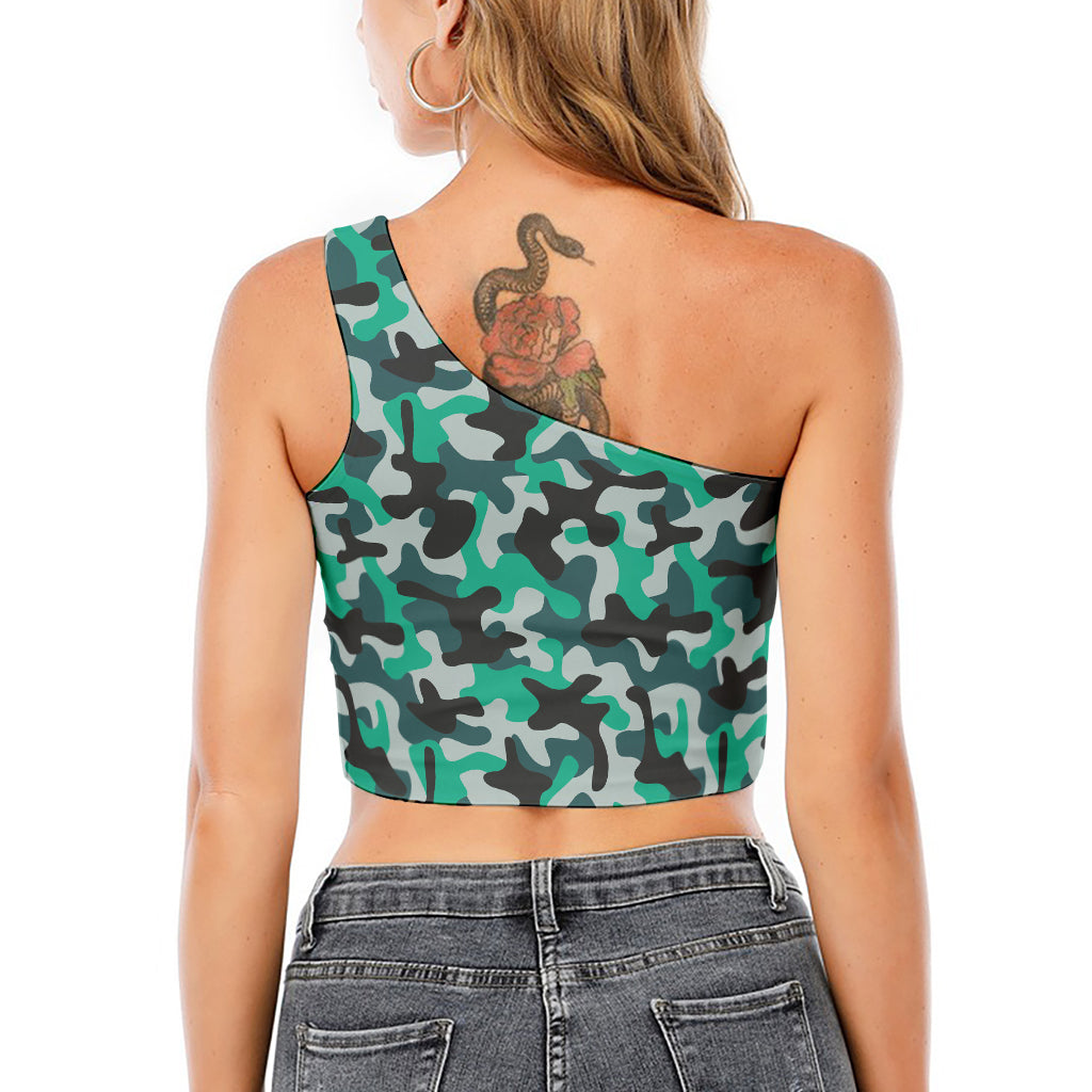 Teal And Black Camouflage Print One Shoulder Crop Top