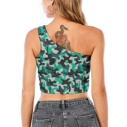 Teal And Black Camouflage Print One Shoulder Crop Top