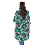 Teal And Black Camouflage Print Open Front Beach Cover Up