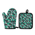 Teal And Black Camouflage Print Oven Mitt And Pot Holder Set