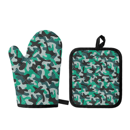 Teal And Black Camouflage Print Oven Mitt And Pot Holder Set