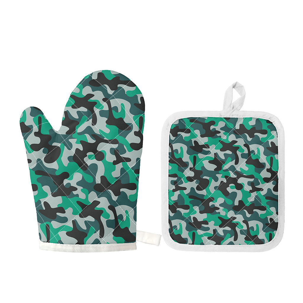 Teal And Black Camouflage Print Oven Mitt And Pot Holder Set