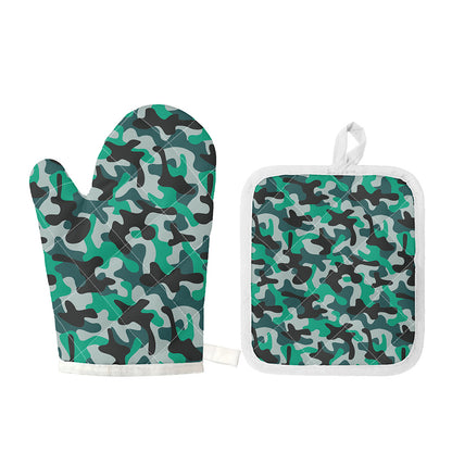 Teal And Black Camouflage Print Oven Mitt And Pot Holder Set