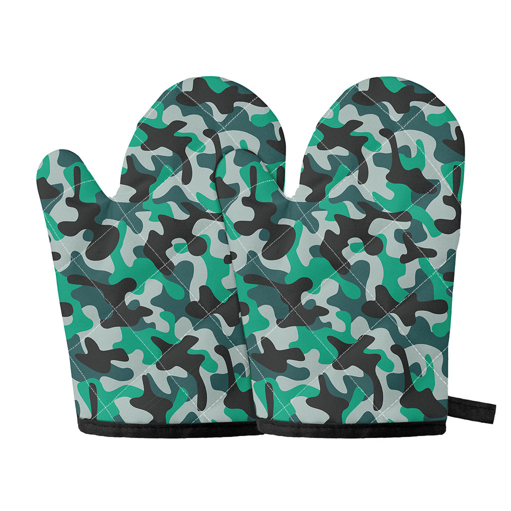 Teal And Black Camouflage Print Oven Mitts