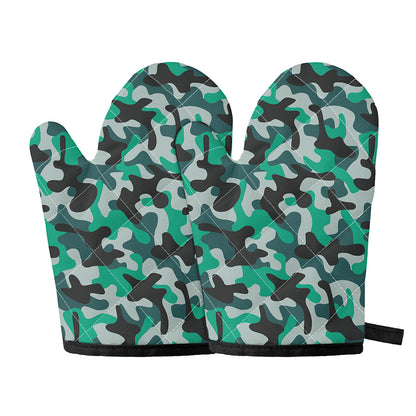 Teal And Black Camouflage Print Oven Mitts
