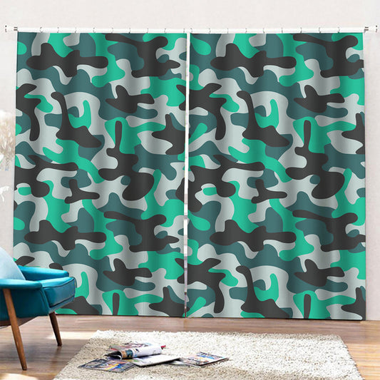 Teal And Black Camouflage Print Pencil Pleat Curtains